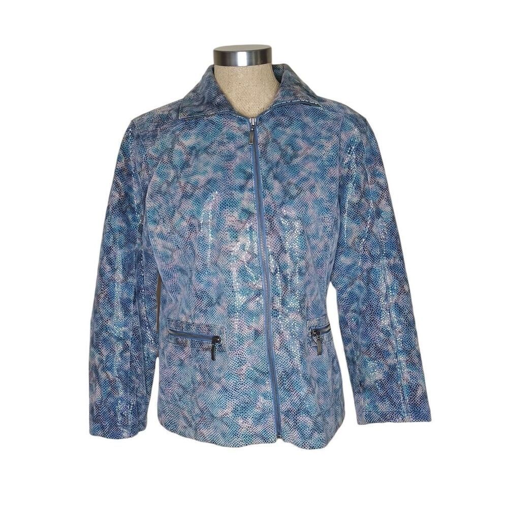 Chico's Leather Jacket Womens 1.5 M/10 Blue Snake Print Shiny Zip Pockets Lined